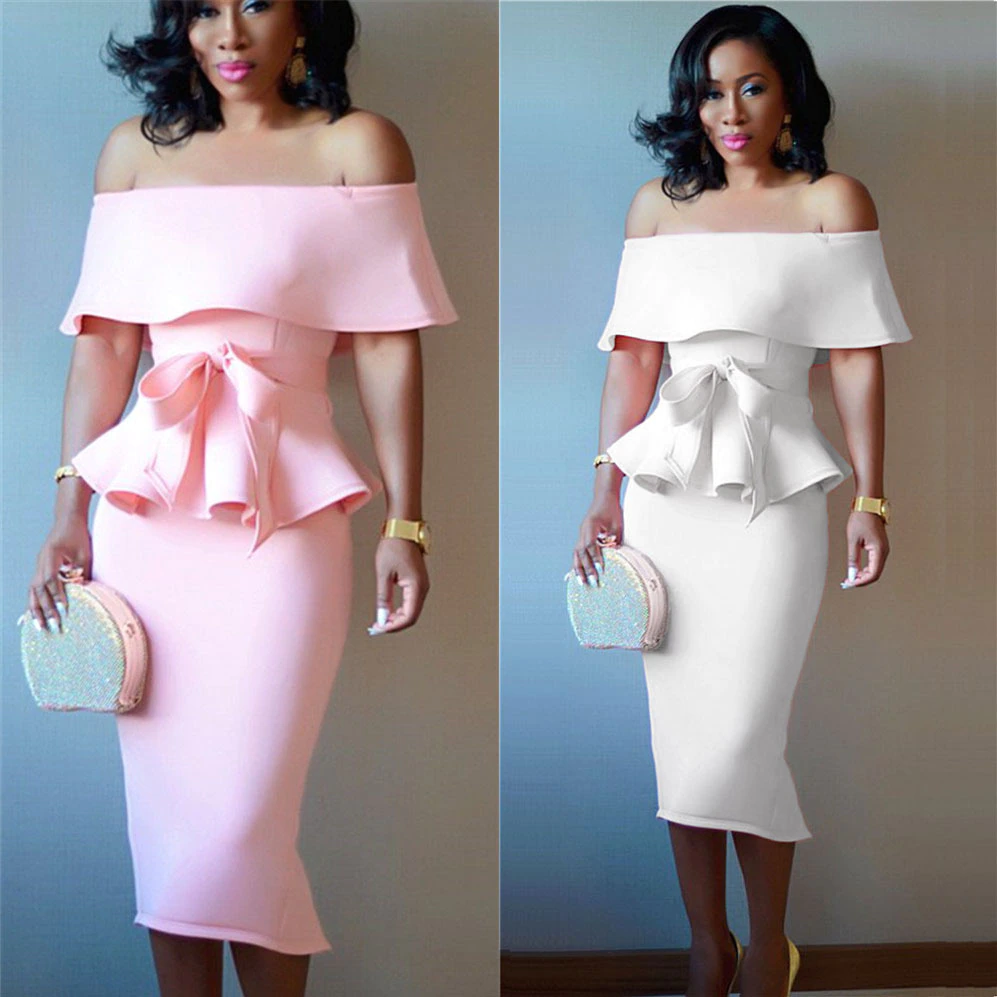 Dresses-women-Sheath-Party-Dress-Sets-Sexy-Off-Shoulder-Backless-Tunic-Ruffle-Peplum-Bowknot-White-Pink